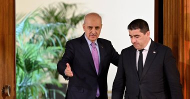 Parliament Speaker Numan Kurtulmuş welcomes his Georgian counterpart Shalva Papuashvili, Ankara, Türkiye, June 17, 2025. (AA Photo)