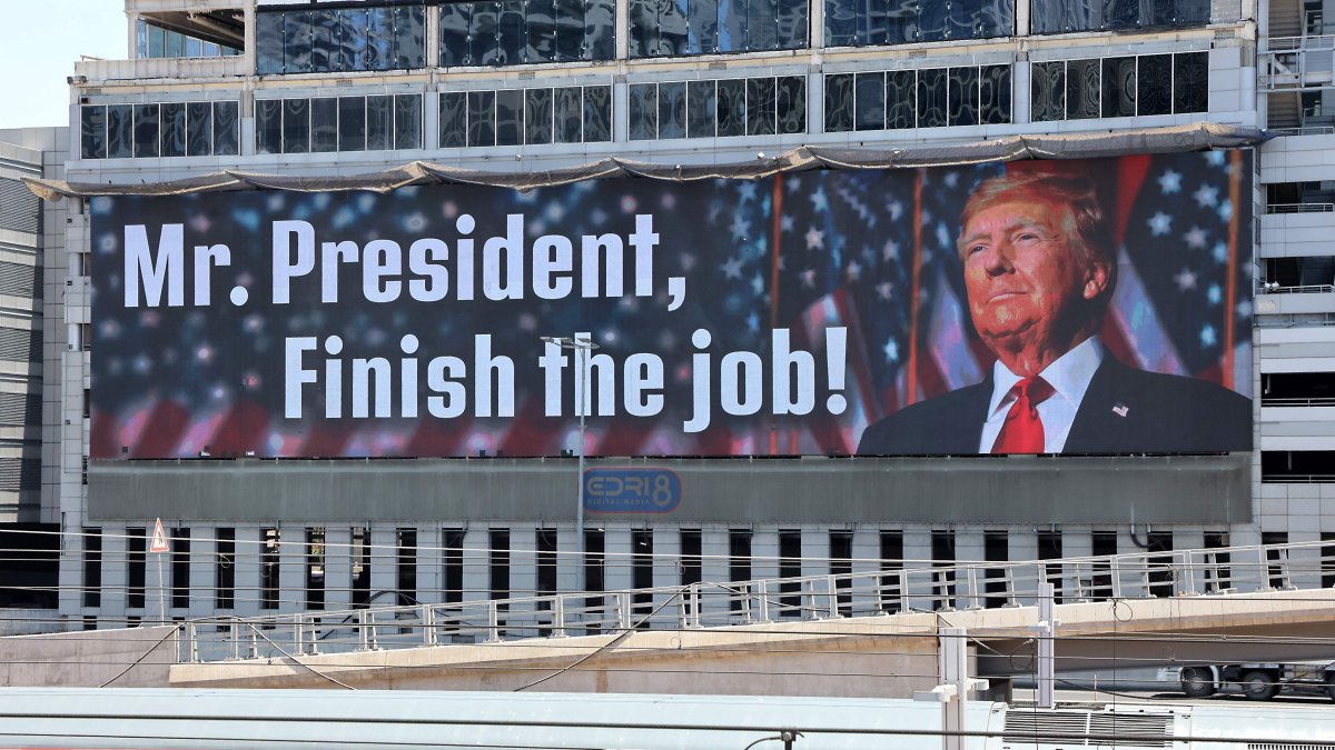 A message addressed to U.S. President Donald Trump reading, &quot;Mr. President, finish the job,&quot; is pictured, Tel Aviv, Israel, June 18, 2025. (AFP Photo)