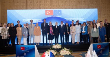 Family Minister Mahinur Özdemir Göktaş (C) poses with participants during the launch event of the project supporting women and girls affected by earthquakes, Ankara, Türkiye, June 18, 2025. (AA Photo)