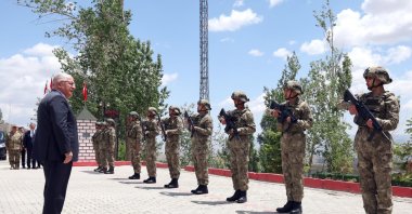 Minister Yaşar Güler greets troops at Fourth Border Battalion Command in Başkale, Van, eastern Türkiye, June 18, 2025. (DHA Photo)