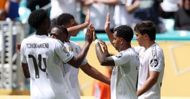 Real Madrid&#039;s Gonzalo Garcia (R) celebrates scoring his team&#039;s first goal with teammates during the FIFA Club World Cup 2025 group H match against Al-Hilal at Hard Rock Stadium, Miami Gardens, U.S., June 18, 2025. (AFP Photo)