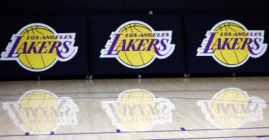 The Los Angeles Lakers logo is seen before a press conference at UCLA Health Training Center, El Segundo, U.S., Sept. 25, 2024. (AFP Photo)