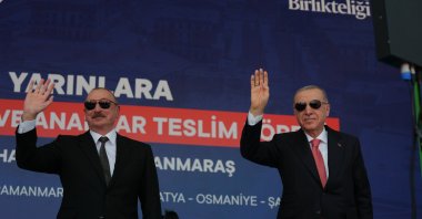 Presidents Recep Tayyip Erdoğan and Azerbaijani President Ilham Aliyev attend the inauguration ceremony of the New Azerbaijan Neighborhood, Kahramanmaraş, Türkiye, June 19, 2025. (AA Photo)