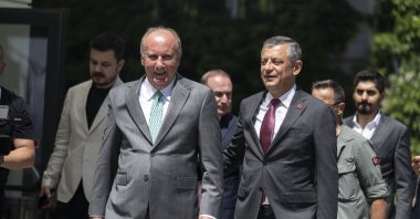 ⁠Republican People’s Party (CHP) leader Özgür Özel (R) walks next to Homeland Party (MP) Chair Muharrem Ince after their meeting, Ankara, Türkiye, June 18, 2025. (AA Photo)
