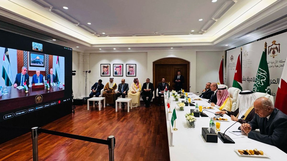 Egypt's Foreign Minister Badr Abdelatty, Jordan's Foreign Minister Ayman Safadi, Saudi Arabia's Foreign Minister Prince Faisal bin Farhan, Bahrain's Foreign Minister Abdullatif bin Rashid al-Zayani, and Arab League Secretary-General Ahmed Aboul Gheit attending a teleconference meeting in Amman with the Palestinian president and foreign minister in Ramallah, June 1, 2025. (Photo by Jordanian Foreign Ministry / AFP)