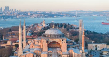 Drone footage captures the iconic Hagia Sophia Grand Mosque standing prominently at the heart of Istanbul, Türkiye. (Shutterstock Photo)