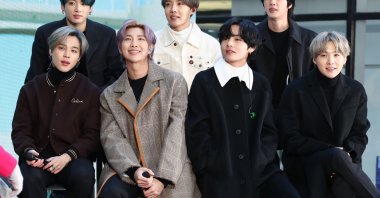 (L-R) Jimin, Jungkook, RM, J-Hope, V, Jin and Suga of the K-pop boy band BTS visit the &quot;Today&quot; Show at Rockefeller Plaza, New York City, U.S., Feb. 21, 2020. (Getty Images)