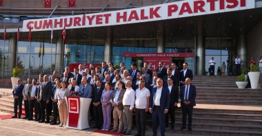 Eighty-one provincial heads of the Republican People's Party (CHP) are seen in front of the party headquarters, Ankara, Türkiye, June 19, 2025 (AA Photo)