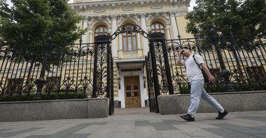 A man walks past the Central Bank of the Russian Federation headquarters, Moscow, Russia, June 6, 2025. (EPA Photo)