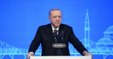 President Recep Tayyip Erdoğan is seen speaking at the Organisation of Islamic Cooperation (OIC), Istanbul, Türkiye, June 20, 2025. (AA Photo)