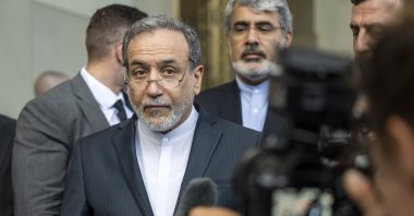 Iranian Foreign Minister Abbas Araghchi talks to the media in front of the Intercontinental Hotel, after a meeting of foreign ministers of Germany, France, Britain and the EU with Iranian officials for the Iran-EU nuclear talks, in Geneva, Switzerland, June 20 2025. (EPA Photo)