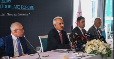 Transport and Infrastructure Minister Abdulkadir Uraloğlu speaks to journalists ahead of the Global Transport Connectivity Forum, Istanbul, Türkiye, June 21, 2025. (DHA Photo)
