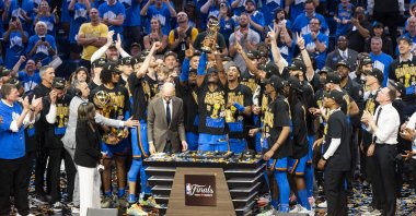 Oklahoma City Thunder players celebrate after beating the Indiana Pacers to win the NBA title at the Gainbridge Fieldhouse, Oklahoma, U.S., June 22, 2025. (AA Photo)