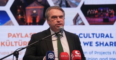 Head of the European Union delegation Ambassador Hans Ossowski speaks at the opening of the &quot;Shared Cultural Legacy&quot; exhibition in the capital Ankara, Türkiye, June 16, 2025. (AA Photo)