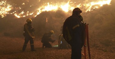 Firefighters battle with a wildfire burning in Kofinas, on the eastern Aegean island of Chios, Greece, June 22, 2025. (AP Photo)