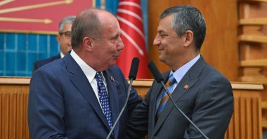 Main opposition Republican People’s Party (CHP) Chairperson Özgür Özel (R) and veteran politician Muharrem Ince shake hands as Ince announces his return to the party following Özel’s speech at a parliamentary group meeting, Ankara, Türkiye, June 24, 2025. (AA Photo)