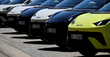 BYD Dolphin Surf electric cars are parked in front of the venue where BYD carmaker holds a vehicle presentation event, Berlin, Germany, May 21, 2025. (Reuters Photo)