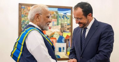 Indian Prime Minister Narendra Modi (L) and Greek Cypriot leader Nikos Christodoulides shake hands on the Greek side of the divided city of Lefkoşa (Nicosia), Island of Cyprus, June 16, 2025.