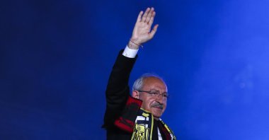 Kemal Kılıçdaroğlu gestures to supporters during an event in Ankara, Türkiye, May 12, 2023. (AP Photo) 