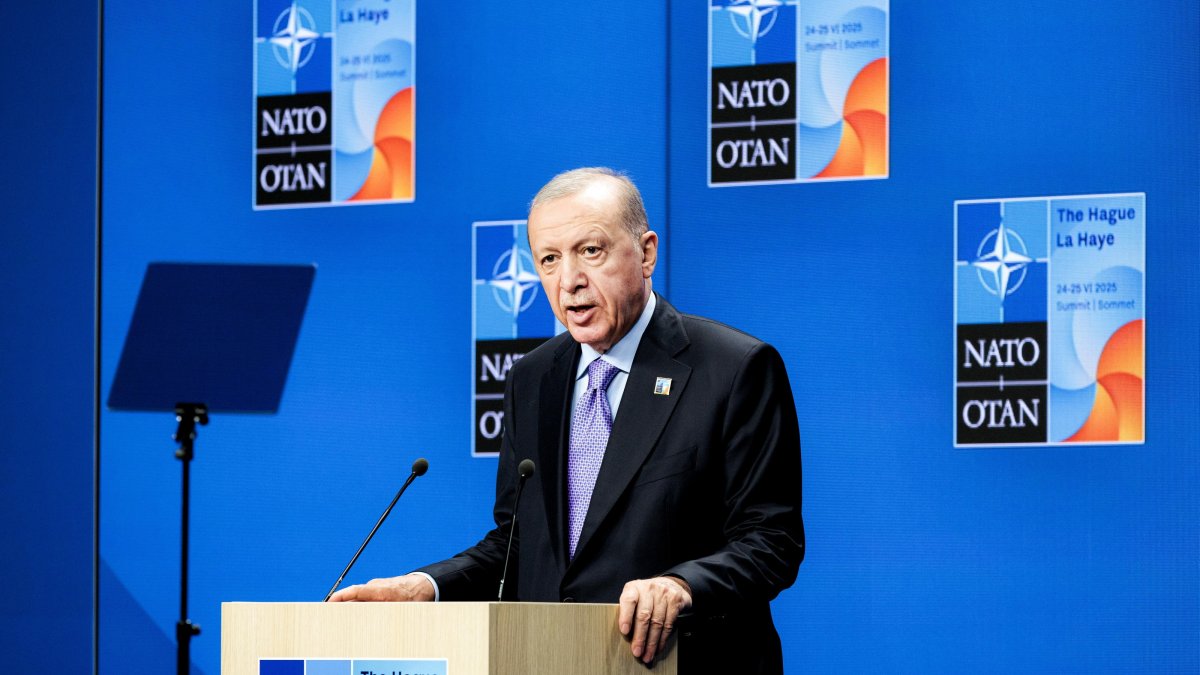 President Recep Tayyip Erdoğan speaks during a press conference after the NATO summit at the World Forum, The Hague, Netherlands, June 25, 2025. (EPA Photo)