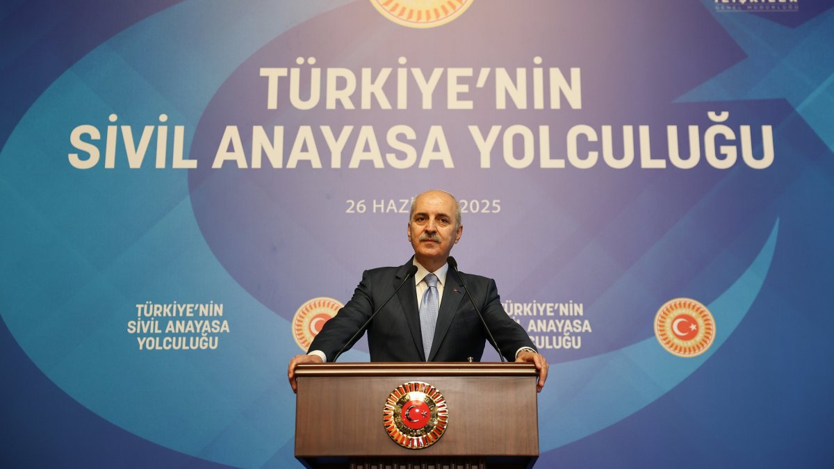Parliament Speaker Numan Kurtulmuş speaks at the “Türkiye’s Civil Constitutional Journey Project” event in the capital, Ankara, Türkiye, June 26, 2025. (AA Photo)