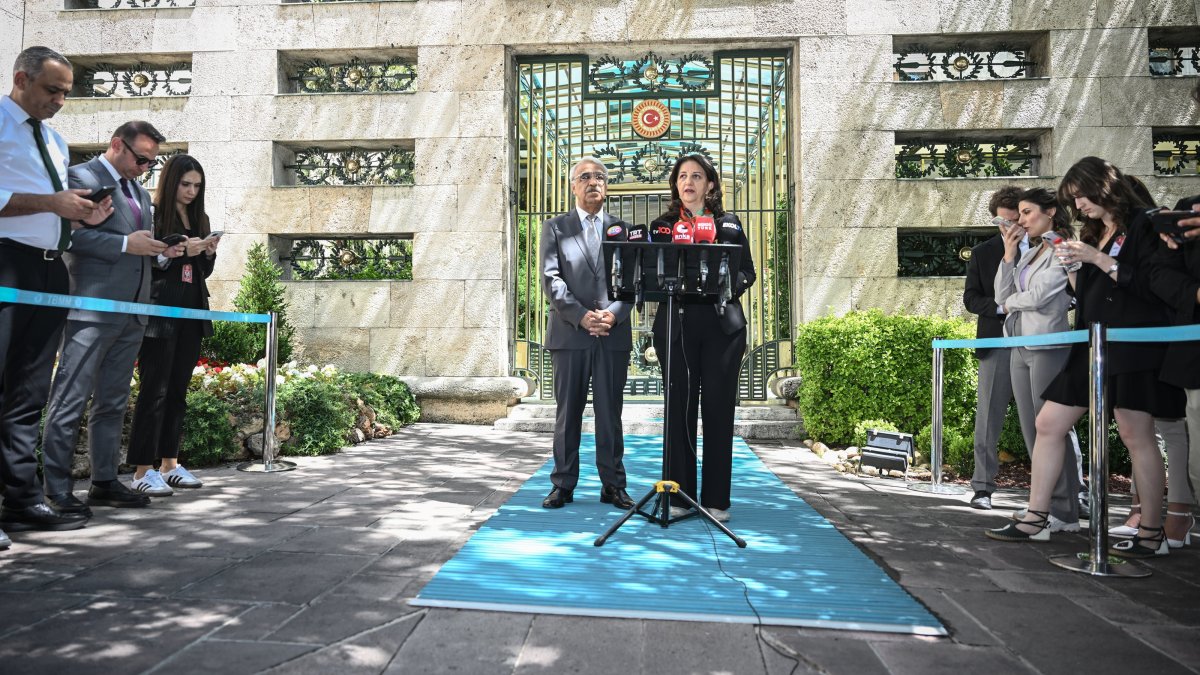 DEM Party lawmakers Pervin Buldan (R) and Mithat Sancar speak to reporters after their meeting with Parliament Speaker Numan Kurtulmuş, Ankara, Türkiye, June 26, 2025. (AA Photo)