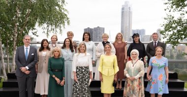 Spouses of world leaders pose for a group photo during a cultural program hosted by Queen Maxima, Rotterdam, Netherlands, June 25, 2025. (AA Photo)