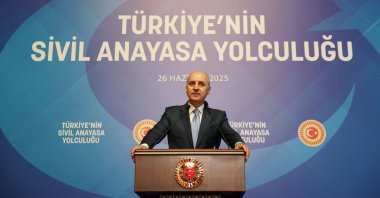Parliament Speaker Numan Kurtulmuş speaks at the “Türkiye’s Civil Constitutional Journey Project” event in the capital, Ankara, Türkiye, June 26, 2025. (AA Photo)