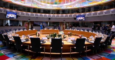 A photo shows a meeting room at the European Council in Brussels on June 26, 2025. (AFP Photo)