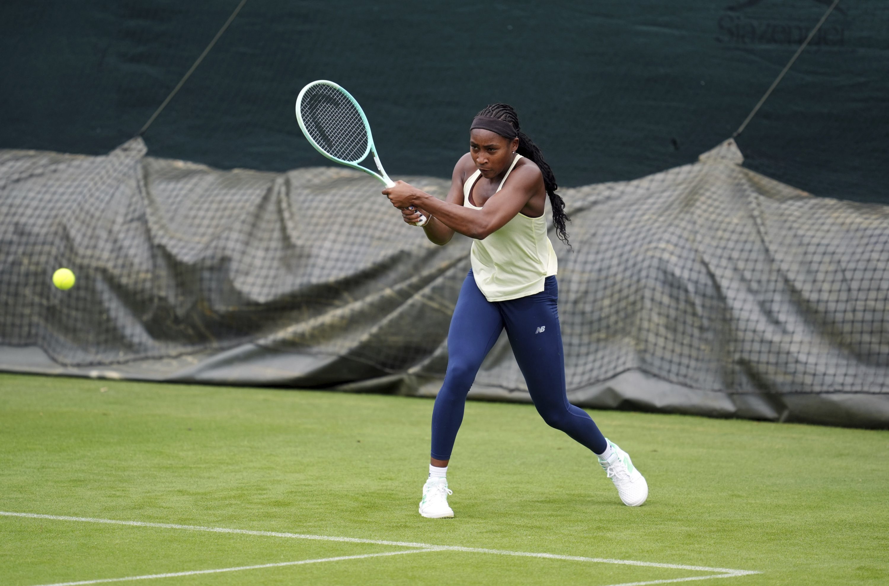 Coco Gauff of the U.S. hits a backhand during a practice session at the All England Lawn Tennis and Croquet Club, ahead of the Wimbledon Championships, which begins on June 30th, London, U.K., June 23, 2025. (AP Photo)
