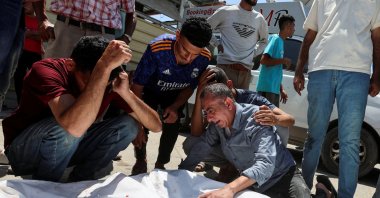 Mourners react during the funeral of Palestinians who, according to the Gaza Health Ministry, were killed in an Israeli airstrike earlier in the day, Deir al-Balah, Gaza Strip, Palestine, June 26, 2025. (Reuters Photo)