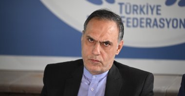 Iranian Ambassador Mohammad Hassan Habibullahzadeh speaks at a meeting with journalists at the Turkish Press Federation, Ankara, Türkiye, June 27, 2025. (AA Photo)