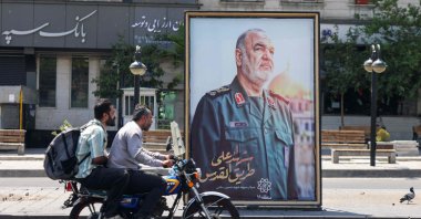 A poster of slain Iranian Islamic Revolutionary Guard Corps (IRGC) commander Hossein Salami, killed following Israeli strikes on targets in Iran, is set up at a Tehran square, Iran, June 16, 2025. (AFP Photo)