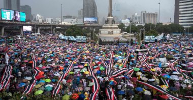 Anti-government protesters rally to demand the removal of Thailand&amp;#039;s Prime Minister Paetongtarn Shinawatra from office at Victory Monument in Bangkok, Thailand, June 28, 2025. (AFP Photo)