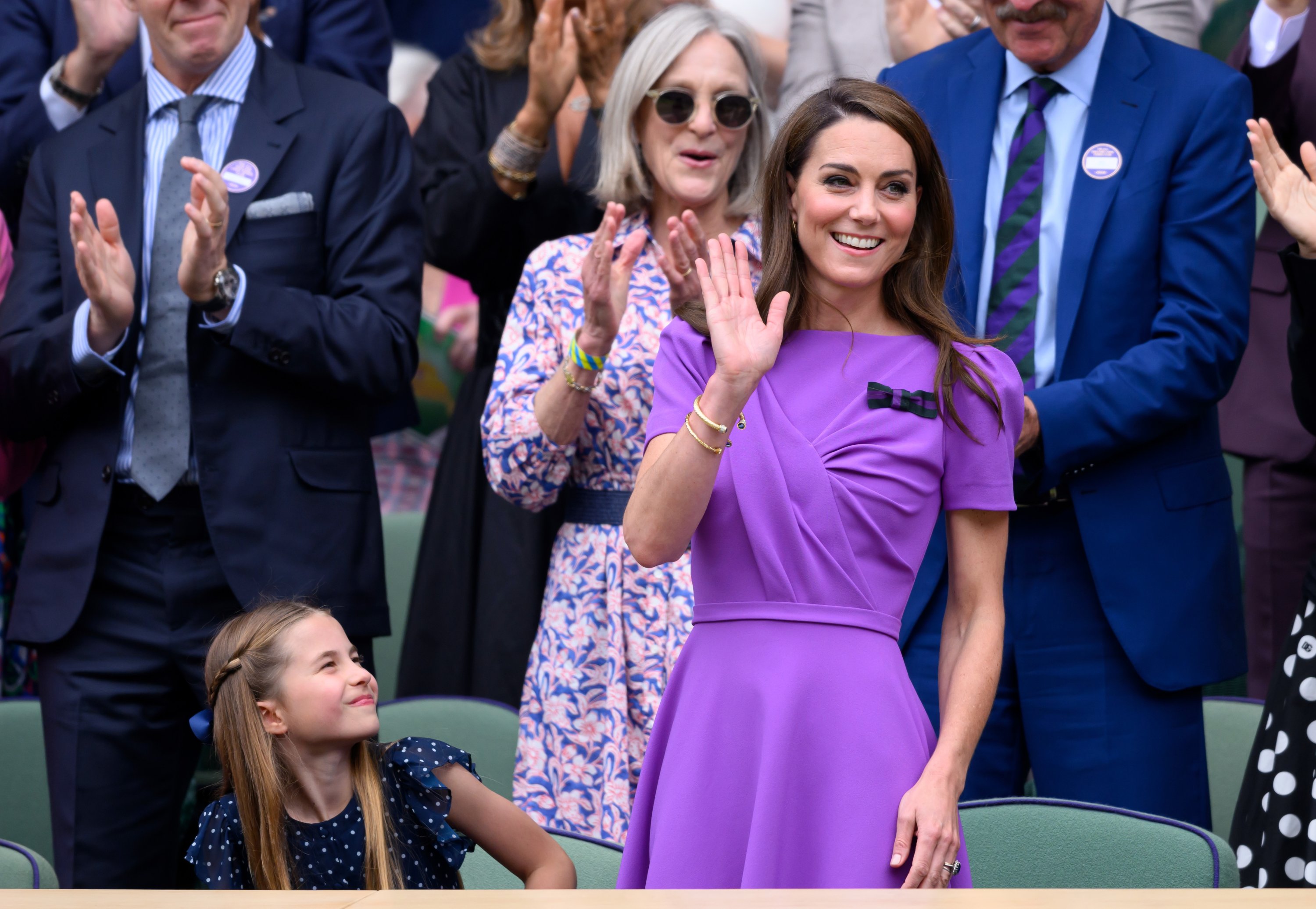 Princess Charlotte of Wales and Catherine, princess of Wales, courtside of Centre Court during the men's final on Day 14 of the Wimbledon Tennis Championships at the All England Lawn Tennis and Croquet Club, London, U.K., July 14, 2024. (Getty Images)