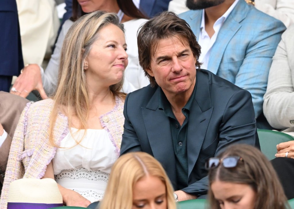 Heather McQuarrie and Tom Cruise courtside of Centre Court on Day 13 of the Wimbledon Tennis Championships at the All England Lawn Tennis and Croquet Club, London, U.K., July 13, 2024. (Getty Images)