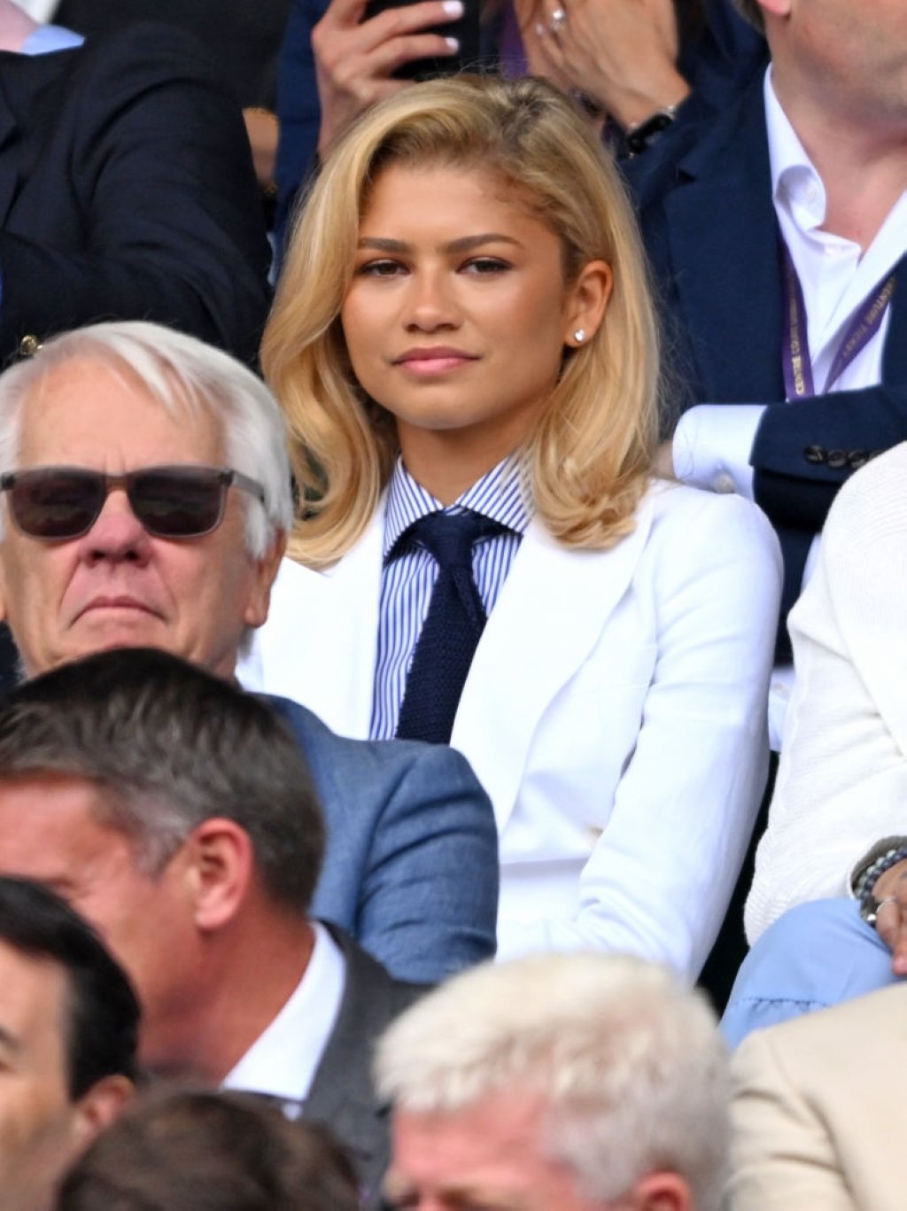 Zendaya, wearing Ralph Lauren, courtside of Centre Court during the men's final on Day 14 of the Wimbledon Tennis Championships at the All England Tennis and Croquet Club, Wimbledon, London, U.K., July 14, 2024. (Getty Images)