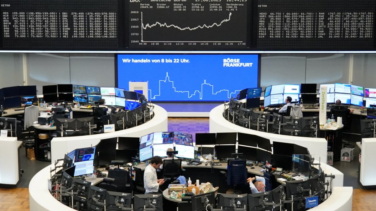 The German DAX share price index graph is displayed at the stock exchange, Frankfurt, Germany, June 27, 2025. (Reuters Photo)