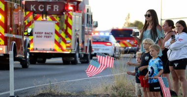 A procession from Kootenai Health headed to Spokane after a few firefighters were killed by sniper fire, in Coeur d’Alene, Idaho, U.S., June 29, 2025. (AP Photo)