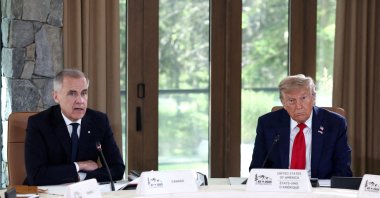 U.S. President Donald Trump and Canadian Prime Minister Mark Carney attend a meeting with G-7 leaders and guests at the G-7 summit, Kananaskis, Alberta, Canada, June 16, 2025. (Reuters Photo)