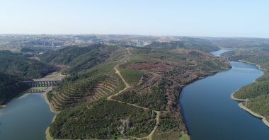 Aerial drone image of Alibeyköy Dam, a key water reservoir in Istanbul, Türkiye. (Shutterstock Photo) 
