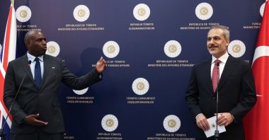 Foreign Minister Hakan Fidan (R) and British Foreign Secretary David Lammy (L) hold a joint press conference, Ankara, Türkiye, June 30, 2025. (AFP Photo)