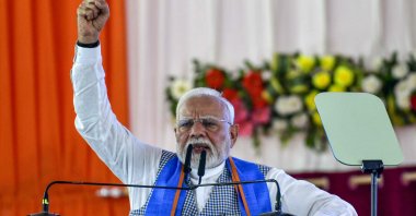 Indian Prime Minister Narendra Modi gestures as he speaks during a public meeting in Siwan district, the state of Bihar, India, June 20, 2025. (AFP Photo)