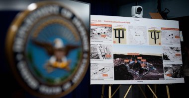 A poster of the Fordow Fuel Enrichment Plant is displayed following a news conference at the Pentagon, Arlington, Virginia, U.S., June 26, 2025. (AFP Photo)