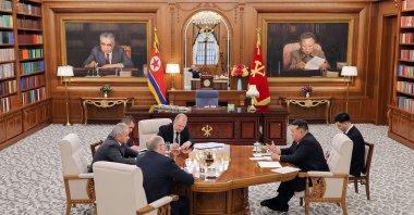 Released by North Korea&#039;s official Korean Central News Agency (KCNA) on June 5, this photograph shows North Korean leader Kim Jong Un (2nd R) meeting the Russian Security Council&#039;s Sergei Shoigu (L), Pyongyang, North Korea, June 4, 2025. (AFP Photo)