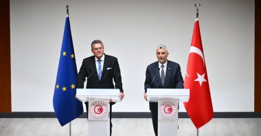 Trade Minister Ömer Bolat (R) and Maros Sefcovic, the EU&#039;s commissioner for trade and economic security, address the Türkiye-EU High-Level Trade Dialogue meeting, Ankara, Türkiye, July 1, 2025. (AA Photo) 