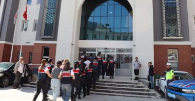 Security officers escort Gülenist Terror Group (FETÖ) suspects to a courthouse, Artvin, northeastern Türkiye, July 1, 2025. (İHA Photo)