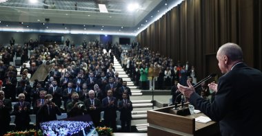 President Recep Tayyip Erdoğan speaks at a Justice and Development Party (AK Party) event in Ankara, Türkiye, July 1, 2025. (AA Photo)