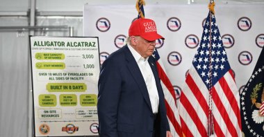 U.S. President President Donald Trump arrives to attend a roundtable discussion as he visits a migrant detention center, dubbed &quot;Alligator Alcatraz,&quot; located at the site of the Dade-Collier Training and Transition Airport in Ochopee, Florida, July 1, 2025. (AFP Photo)