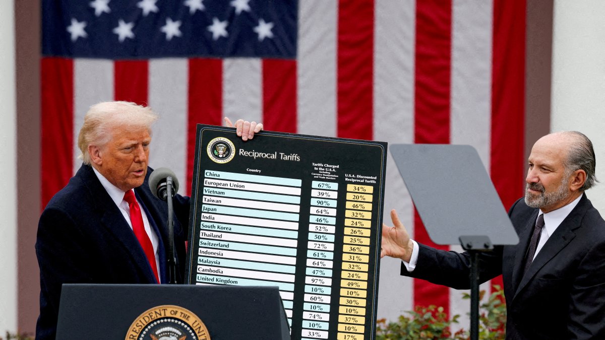 U.S. President Donald Trump holds a chart next to U.S. Secretary of Commerce Howard Lutnick as Trump delivers remarks on tariffs in the Rose Garden at the White House, Washington, U.S., April 2, 2025. (Reuters Photo)